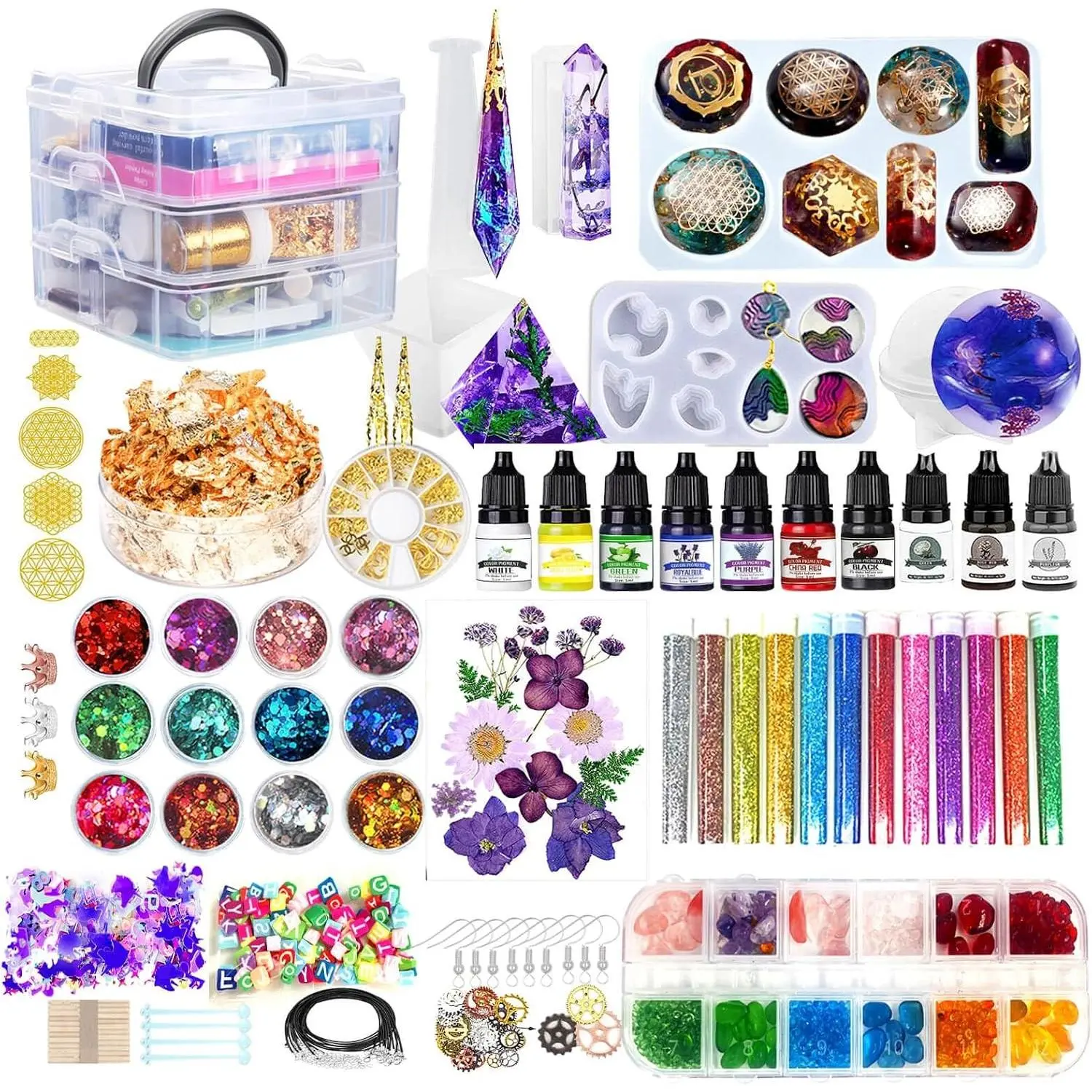 Resin Kit 3-Tier Storage Box Jewelry Making Kit with Molds | Resin Art Kit with 6 Silicone Molds, Glitter, Inks, Dried Flowers