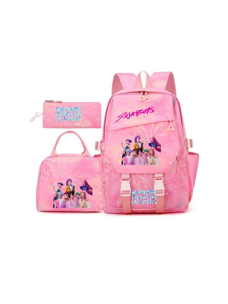 New K-Pop Demon Hunters Cartoon Print Backpack Set, Fashionable Breathable Waterproof Dual-Shoulder Bag, Lightweight Travel Bag for Students, Backpack for School