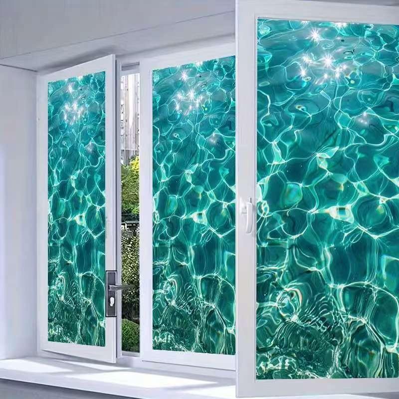 2D PVC Painted Glass Film, Reusable Blue Wave Wallpaper, Easy Removal, Ideal for Living Room, Bathroom, Bedroom, Office Decor