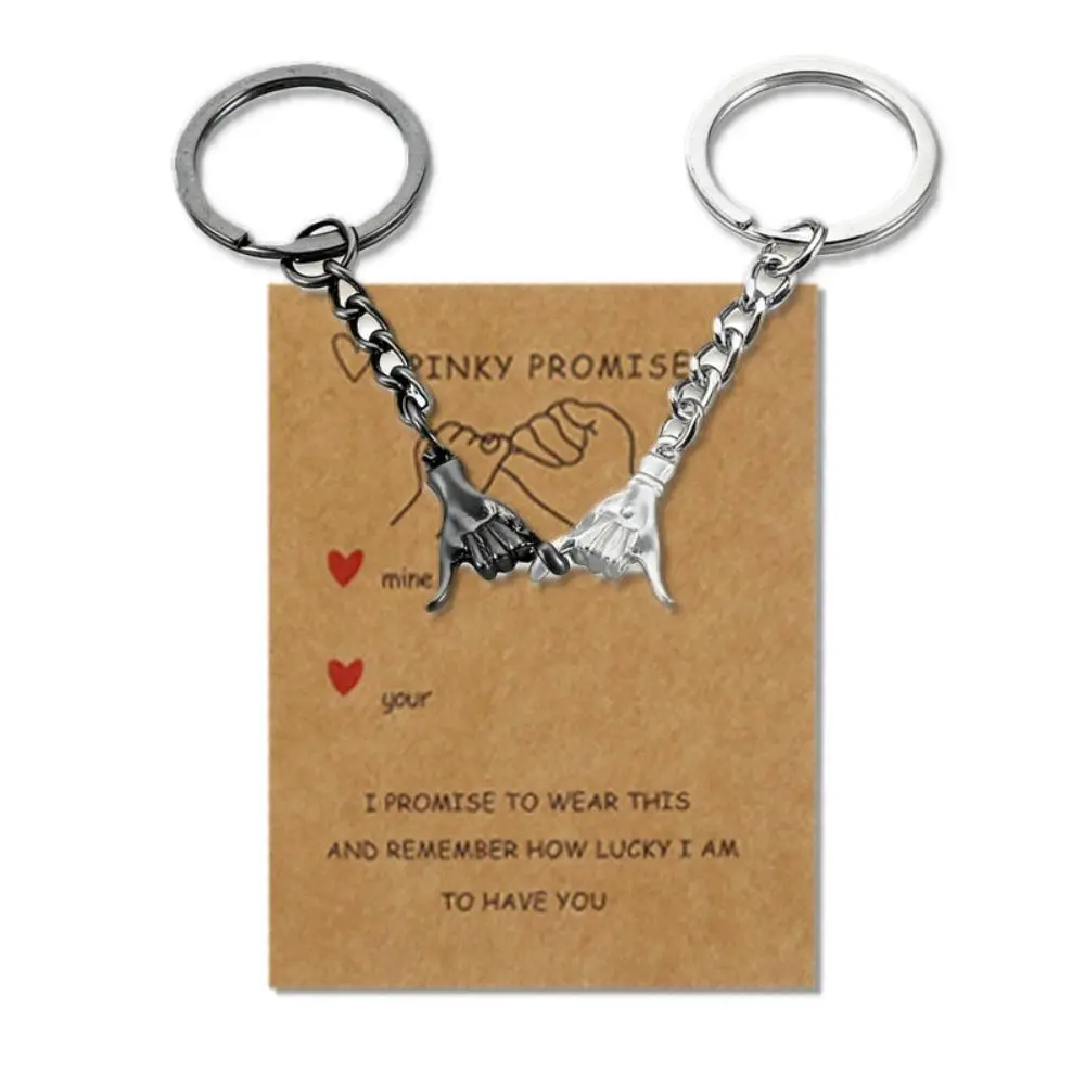 Unisex 2PCS Compact Scratch-Resistant Solid Metal Pinky Promise Interlock Little Finger Couple Keychains, Dual-Tone Black-Silver Sculpted Hand Pendant, Sweet Message Kraft Card Included, Romantic Valentine’s Day Year-Round Gift For Boyfriend Girlfriend