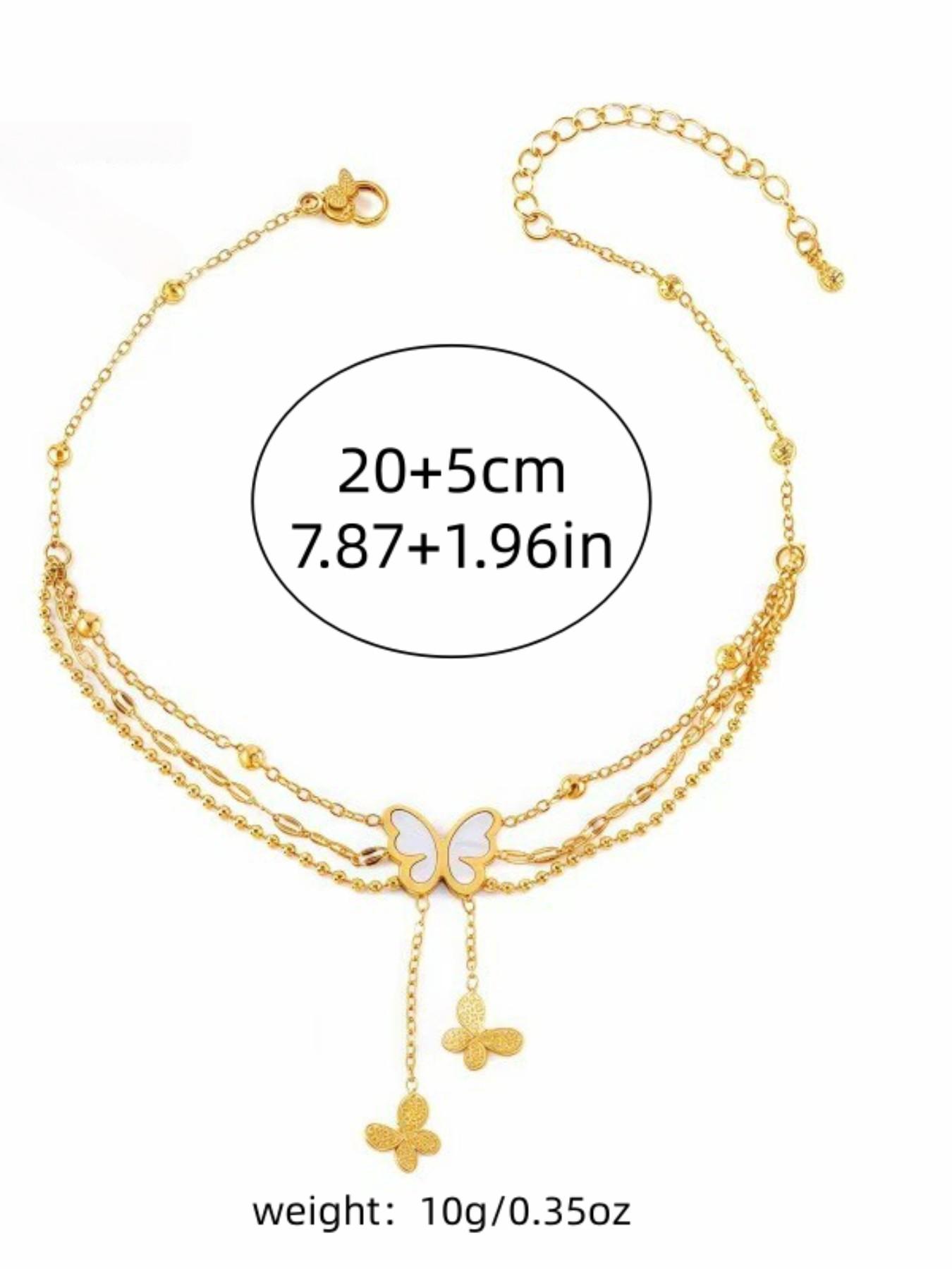 Women's Stainless Steel Beaded Three-Layer Butterfly Fringe Anklet, Fashion Jewelry Accessory, Elegant Footwear Decor
