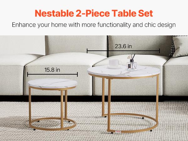 VEVOR Nesting Coffee Table Set of 2, 23.6 in Round Coffee Table, Nesting Tables for Small Place, Vintage End Side Tables Night Stand with Metal Frame, for Living Room, Bedroom, Office (White Gold)