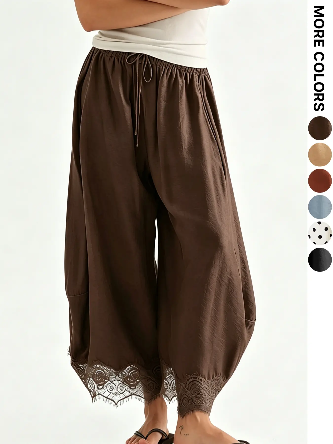 Lace Trim Wide Leg Pants,pumpkin pants, Millennial Retro Sweet Style Elastic Adjustable Waist Drawstring Long Pants, Loose Fit Daily Casual Streetwear Lightweight Women's Trousers