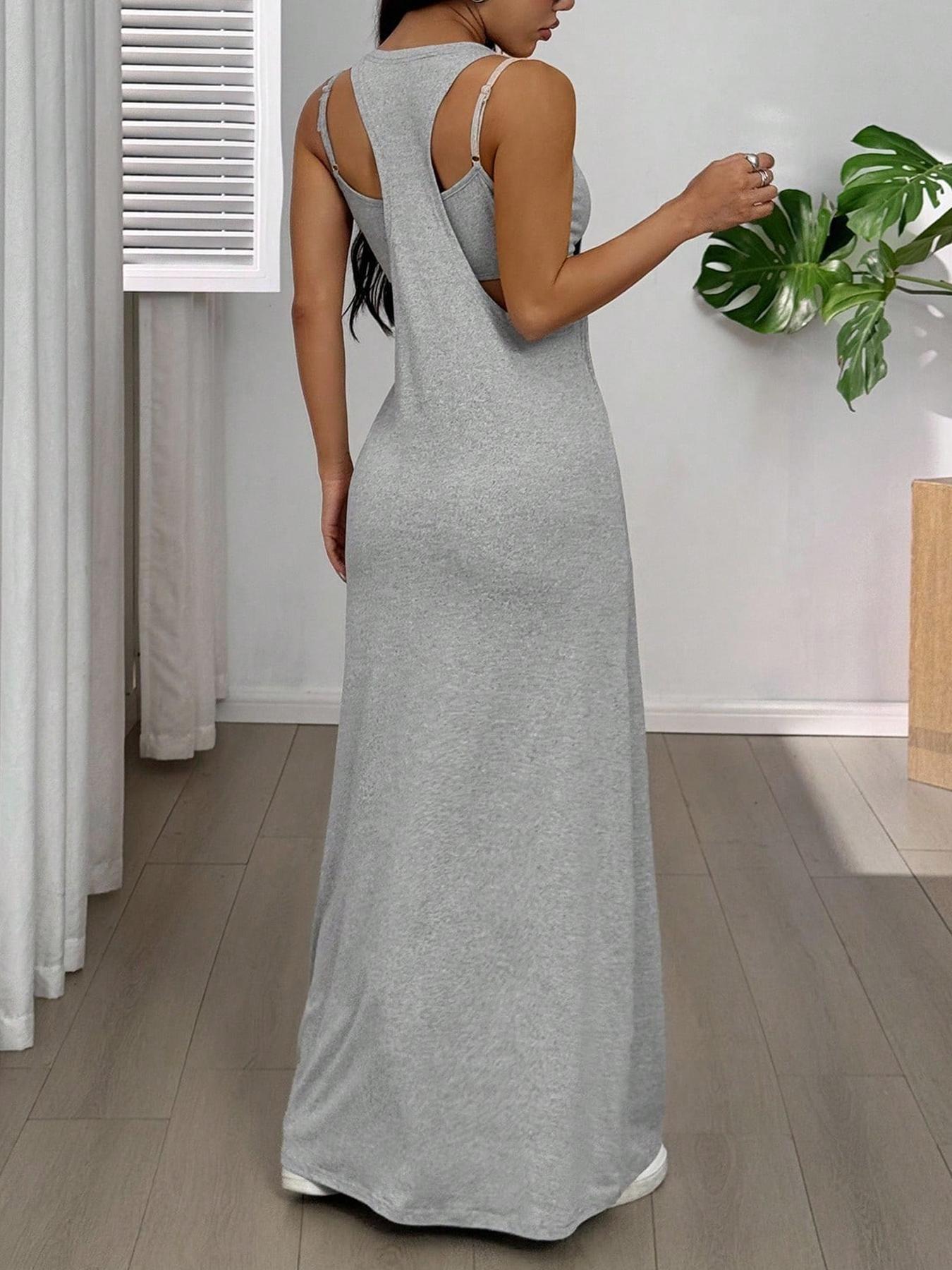 Women's 2pcs Heather solid color Tank Top & Cutout Maxi Dress Set , Soft Stretchy Fabric & Double-Strap Design Women's 2pcs Heather solid color Tank Top & Cutout Maxi Dress Set , Soft Stretchy Fabric & Double-Strap Design