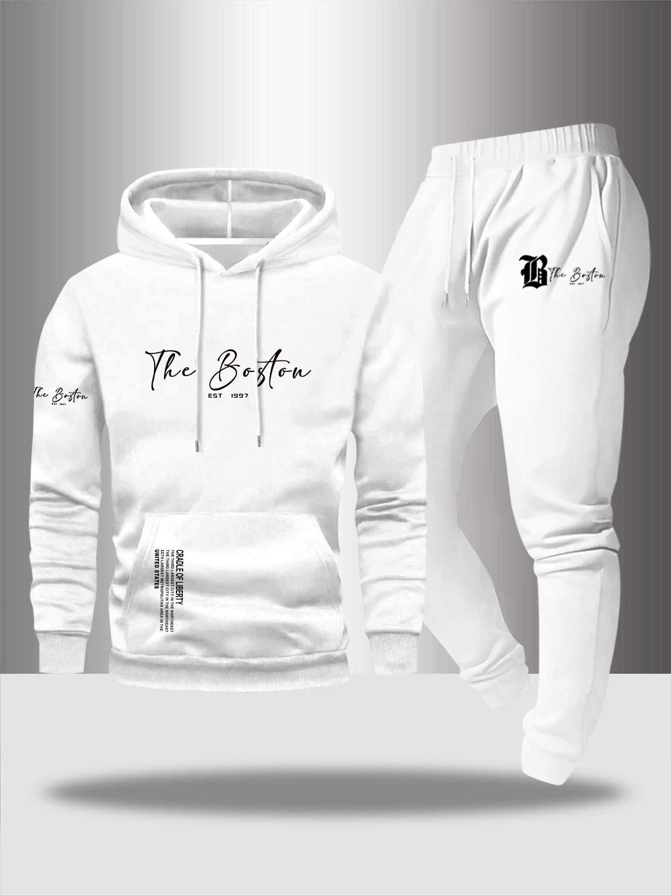 Men's Fall Winter Casual Two-Piece Set, Hooded Sweatshirt & Drawstring Waist Pants, Thicken Fabric, Fitted Style, Letter Print Design