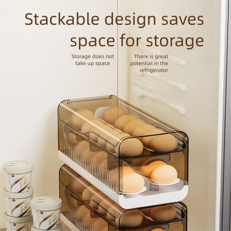 Two-Row Dual-Layer Transparent Egg Storage Box, Space-Saving Easily Rolling Egg Rack, Durable Food Grade Material Refrigerator Organizer, Organized Kitchen Utensils