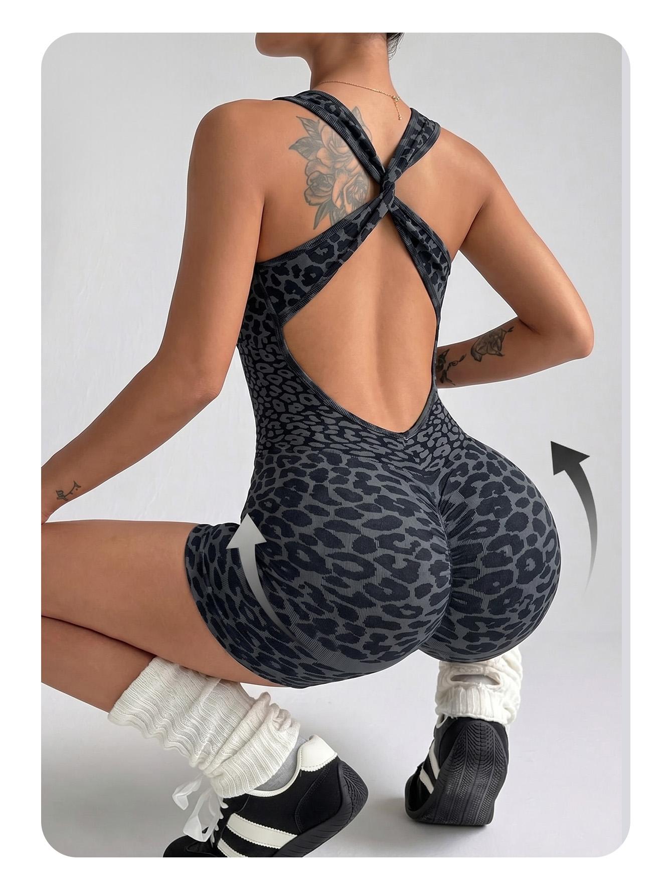 Summer Seamless Leopard Print Yoga Jumpsuit, Cross Back Sporty One-Piece, High Waist Compression Wear, Above Knee Length, All Seasons, Fit Jumpsuits, Sleeveless Yoga Jumpsuit, Tight Fitting Jumpsuit