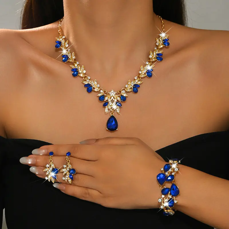 Eco-Friendly Fashion Jewelry Set - Shimmering, Stylish Flowers Crystal Water Drop Bridal Necklace, Earrings & Bracelet, Flowers Jewelry Sets, Shimmering Jewelry Sets