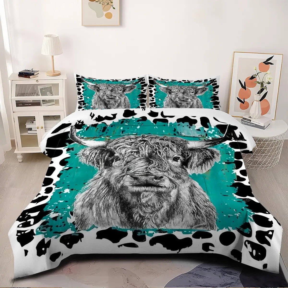 2/3Pcs Highland Cow Print Quilt Set, Rustic Farmhouse Style Bedding Set, Soft Digital Printed Quilted Quilt, Cozy Lightweight Bedspread for Bedroom Decor, All-Season Western Bedding for Adults and Kids, 1 or 2 Pillowcase No Pillow Core