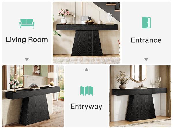 LITTLE TREE 63" Black Console Table, Farmhouse Entryway Table with Trapezoidal Base, Narrow Long Sofa Table Behind Couch Table for Entrance, Hallway, Living Room