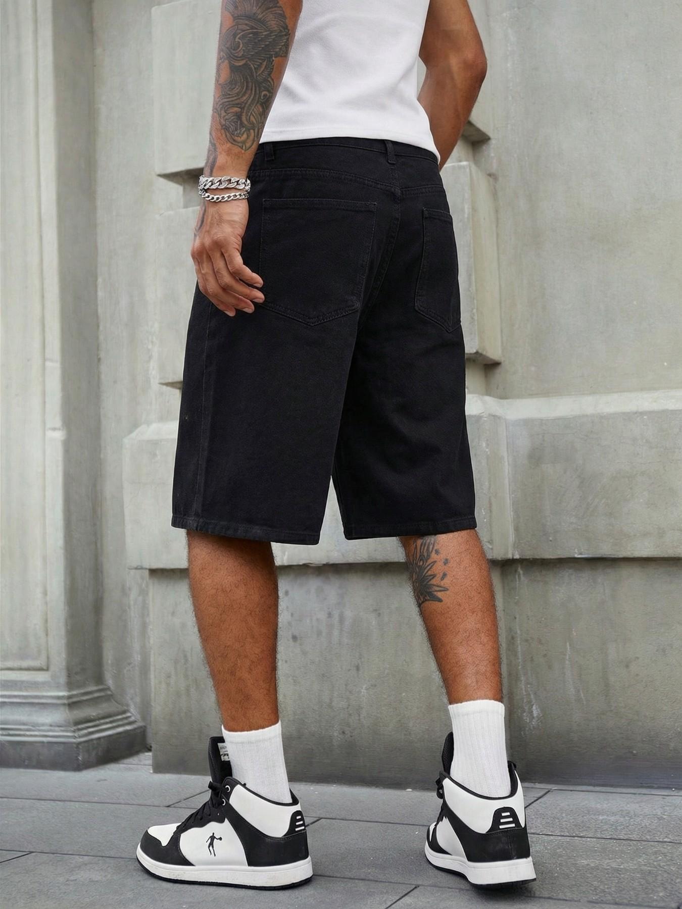 Men's Summer Rhinestone Spider Web Letter Pattern Loose Fit Mid Waist Denim Shorts, Y2K Streetwear Festival Casual Pants