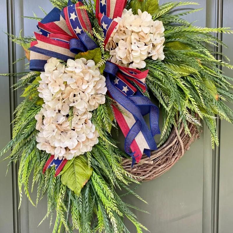 Independence Day Wreath Front Door Decoration, American Flag Bow Hydrangea Patriotic Wreath, Memorial Day Outdoor Porch Home Wall Decor