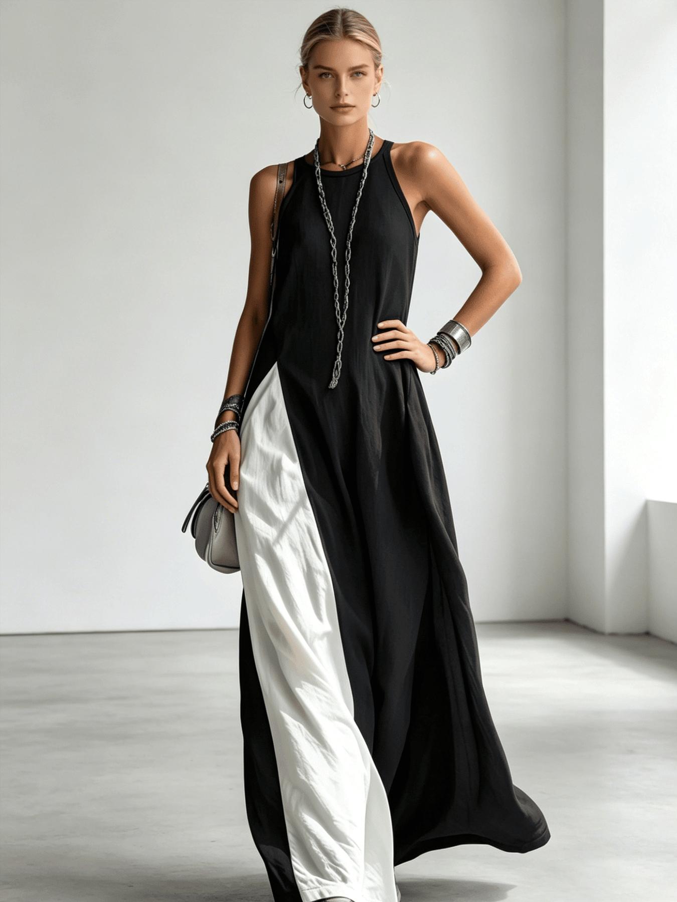 A women's color-blocking dress, Casual Beach Dress, Beach Resort Wear, with sleeveless vest, draping and flesh-concealing long skirt, suitable for summer, beach vacation, exploring shops, attending exhibitions, dating, and enjoying afternoon tea