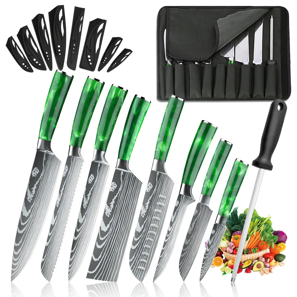 9PCS Durable Forged Blades Kitchen Knife Set - Ultra Sharp Stainless Steel Chef, Cleaver, Santoku, Paring Knives with Ergonomic Blue Resin Handles, Sharpening Rod, Rolling Bag for Everyday Cooking, Outdoor Use (Damascus Etch)