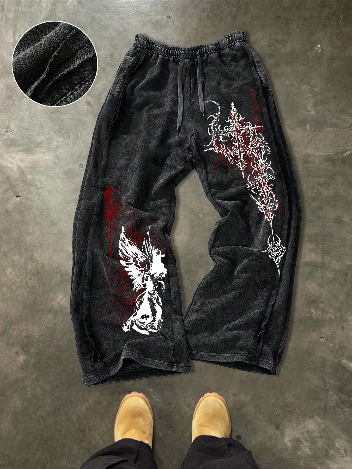 Men's Washed Cotton Sweatpants with Side Hem Stitching Design, Gothic Print Pattern, Comfortable Casual Pants for Daily Wear
