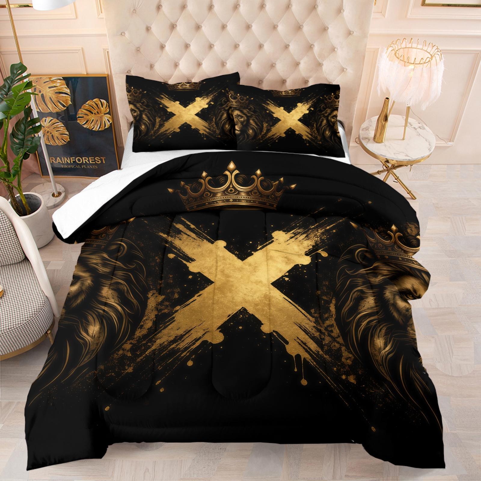 Lion Crown Pattern Comforter Set, Soft And Durable Bedding Set, Including 1 Comforter And 1 Or 2 Pillowcases, Suitable For Children And Adults Daily Holiday Birthday Gifts Bedroom Decorations