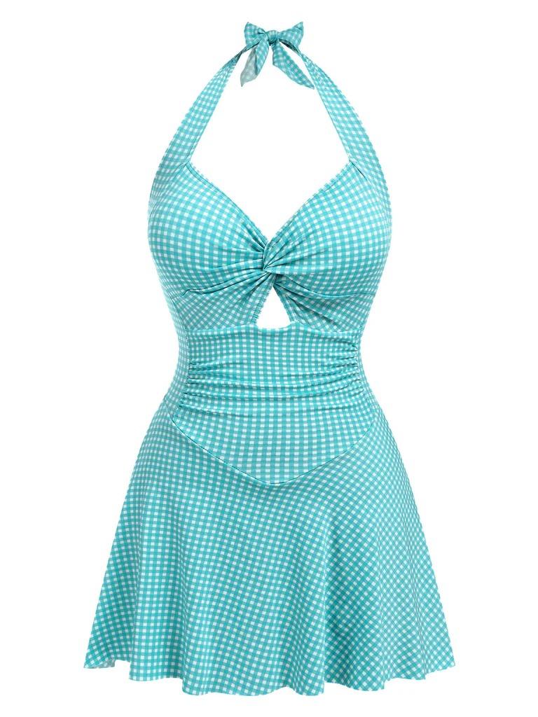 Blue Green 1930s Plaid Halter One-Piece Swimsuit Retro Halter One Piece Swim Dress for Women Gingham Print Push Up Swimsuit with Tie Back and Skirted Bottom Trendy Summer Outfit for Vacation Look and Try On Haul Retro Stage Flowy Swimdress
