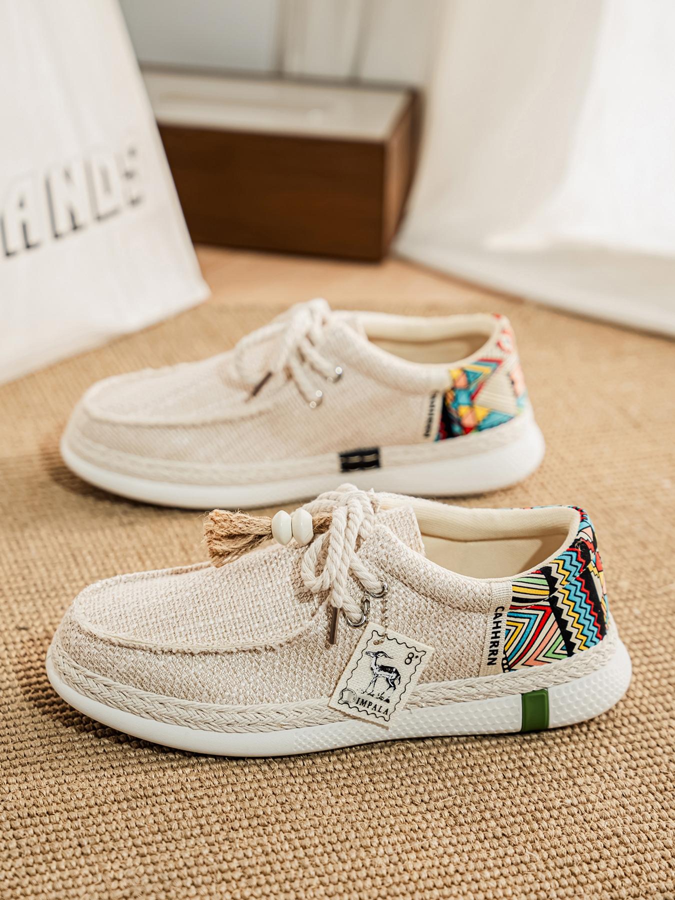 Summer New Men's Linen Shoes, Breathable Non-Stuffy, Colorblock Geometric Pattern, Fringe Decor, Retro Ethnic Style, Comfortable Thick Sole