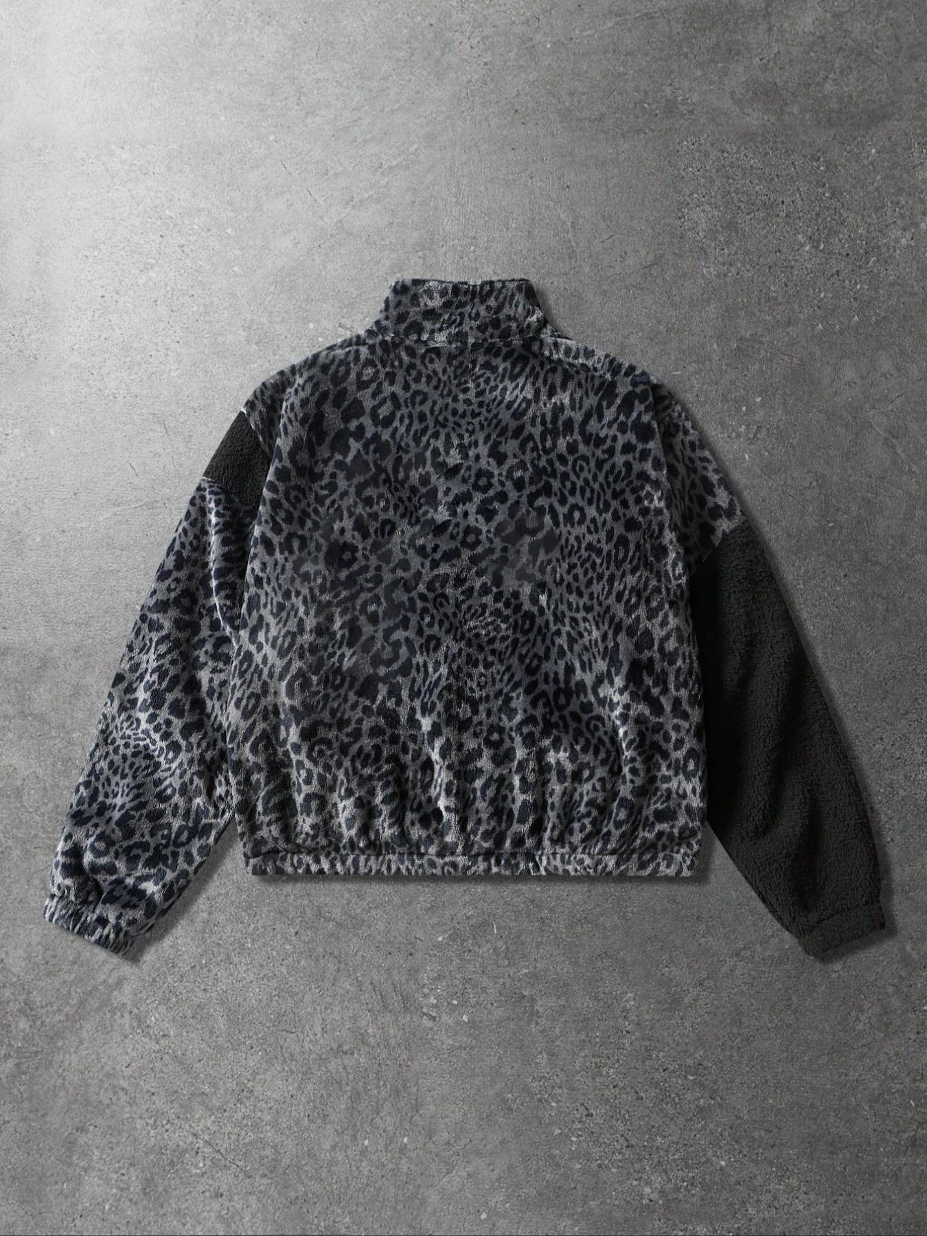 Unisex style, Y2K-inspired, street-style leopard print color-blocked Patchwork fleece-lined winter jacket, suitable for streetwear, Y2K fashion, high-street culture, men's gift, couple's outfit, trendy fashion