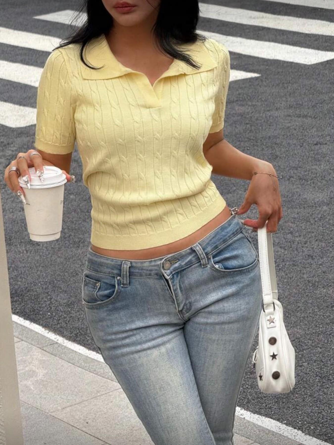 Women's Summer Polo Neck Short Sleeve Knit Sweater, Fashionable Elegant Slim Fit Breathable Casual Top, Pure Color Versatile Pullover Womenswear