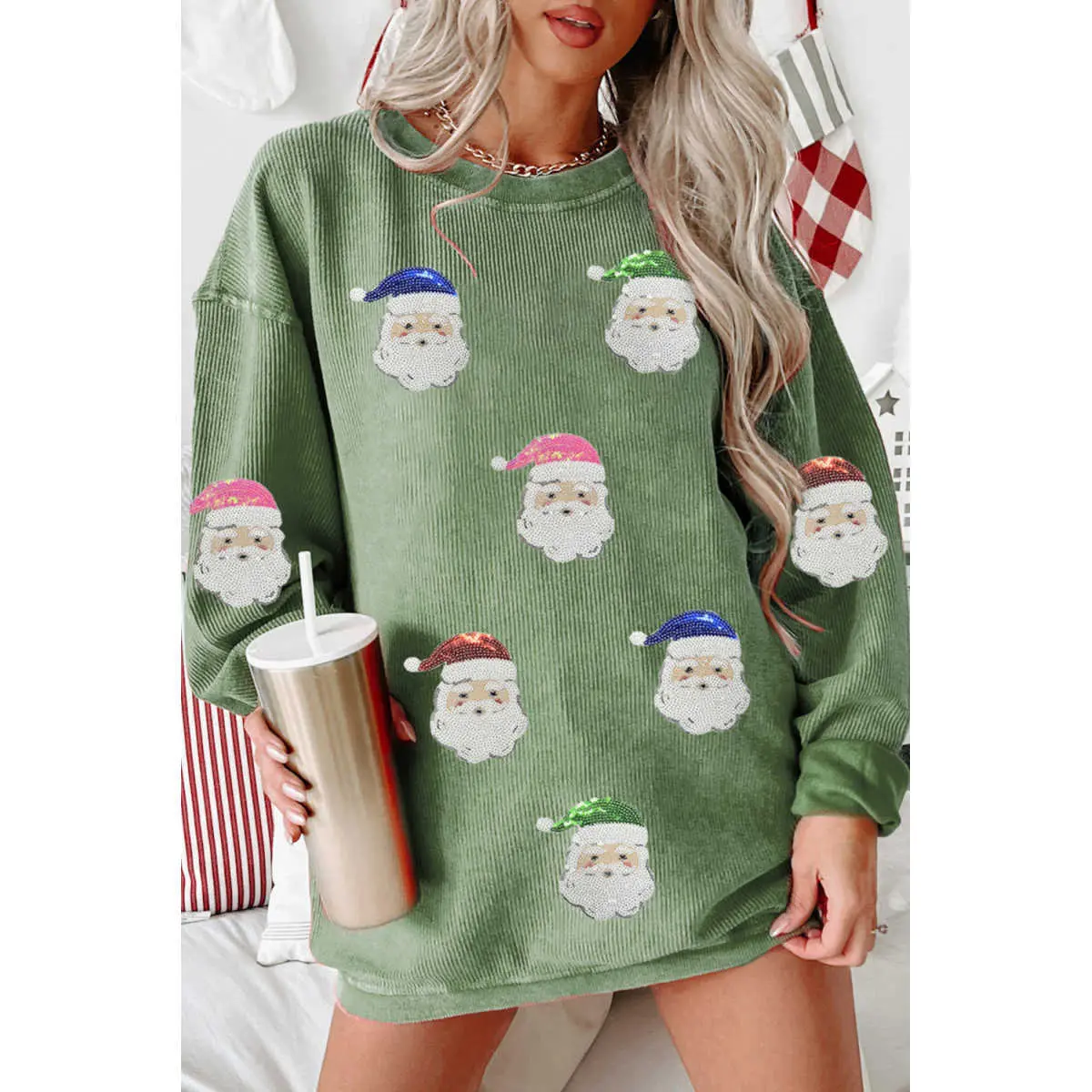 Grass Green Corded Ribbed Sequin Patched Santa Claus Graphic Sweatshirt
