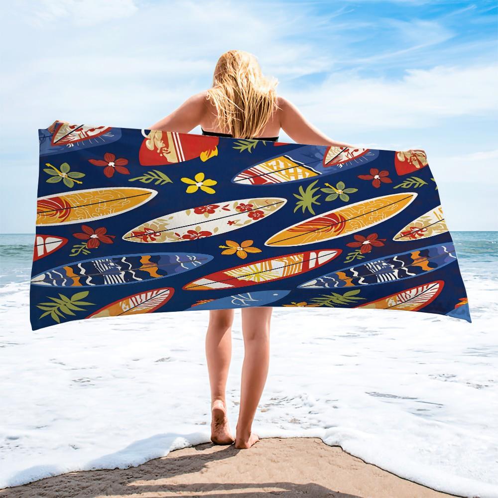 Tropical Surfboard & Floral Print Beach Towel, Oversized Quick Dry Microfiber Bath Towel, Super Absorbent Sand Free Beach Blanket for Summer Vacation, Hawaii Surfing Pool Gift
