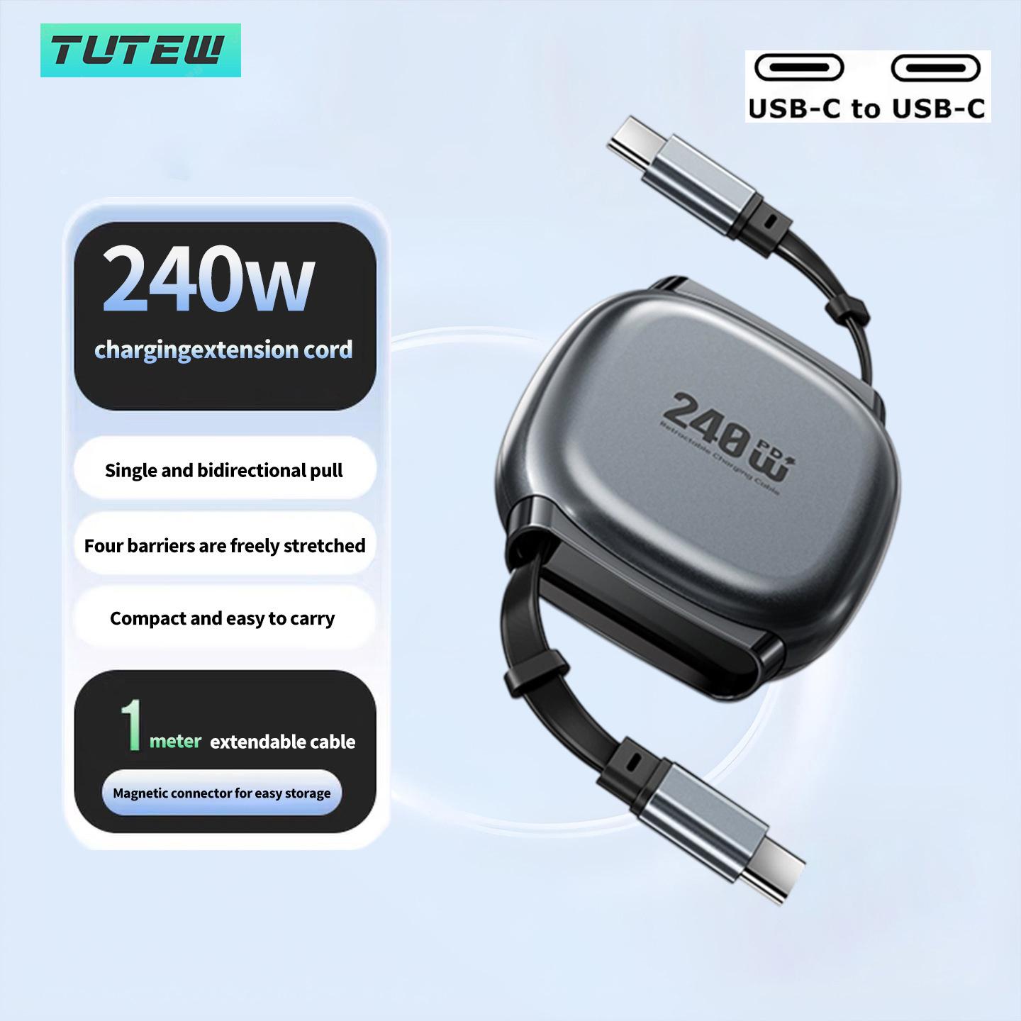 240w Retractable Fast Charging Cable USB C to C, Auto Coiling for Travel, Compatible with iPhone, Samsung, Huawei, Phone Tablet Laptop