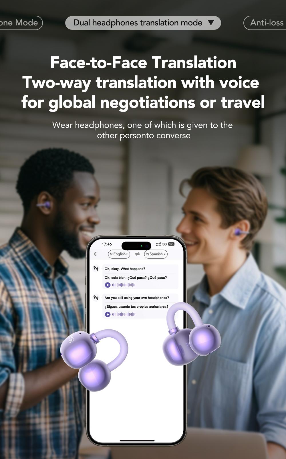 MINISO MS199 Translation Clip On Ear Headphones Full Color Touch Screen, Audio Wireless Headphones Support 135 Languages Real Time Bluetooth Translation Built-in Microphone for Music & Phone Calls,Sport Waterproof & Sweatproof