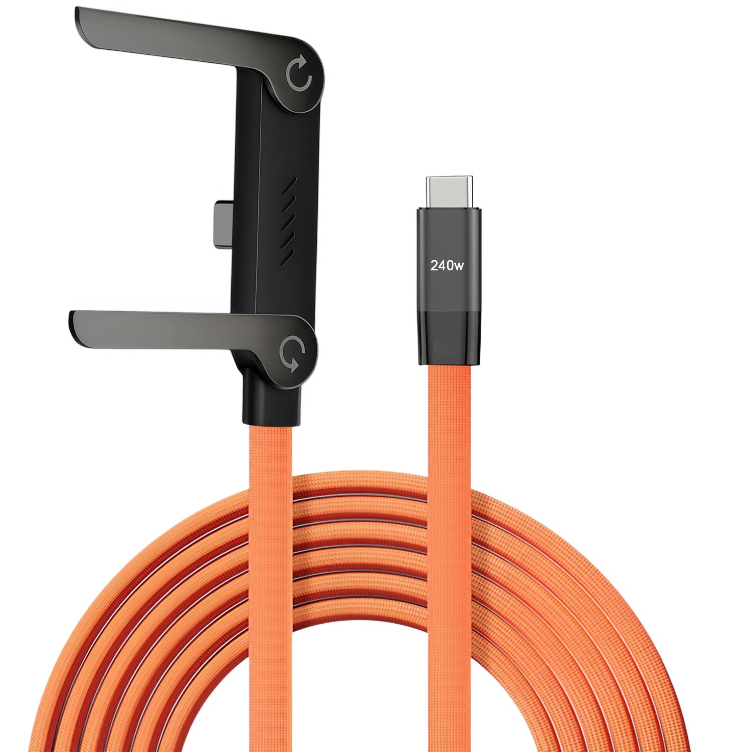 240w Super Fast Charging Data Cable, Foldable Phone Stand for iPhone 15-17 Android, Type C to C Braided 360° Rotating Charger Line