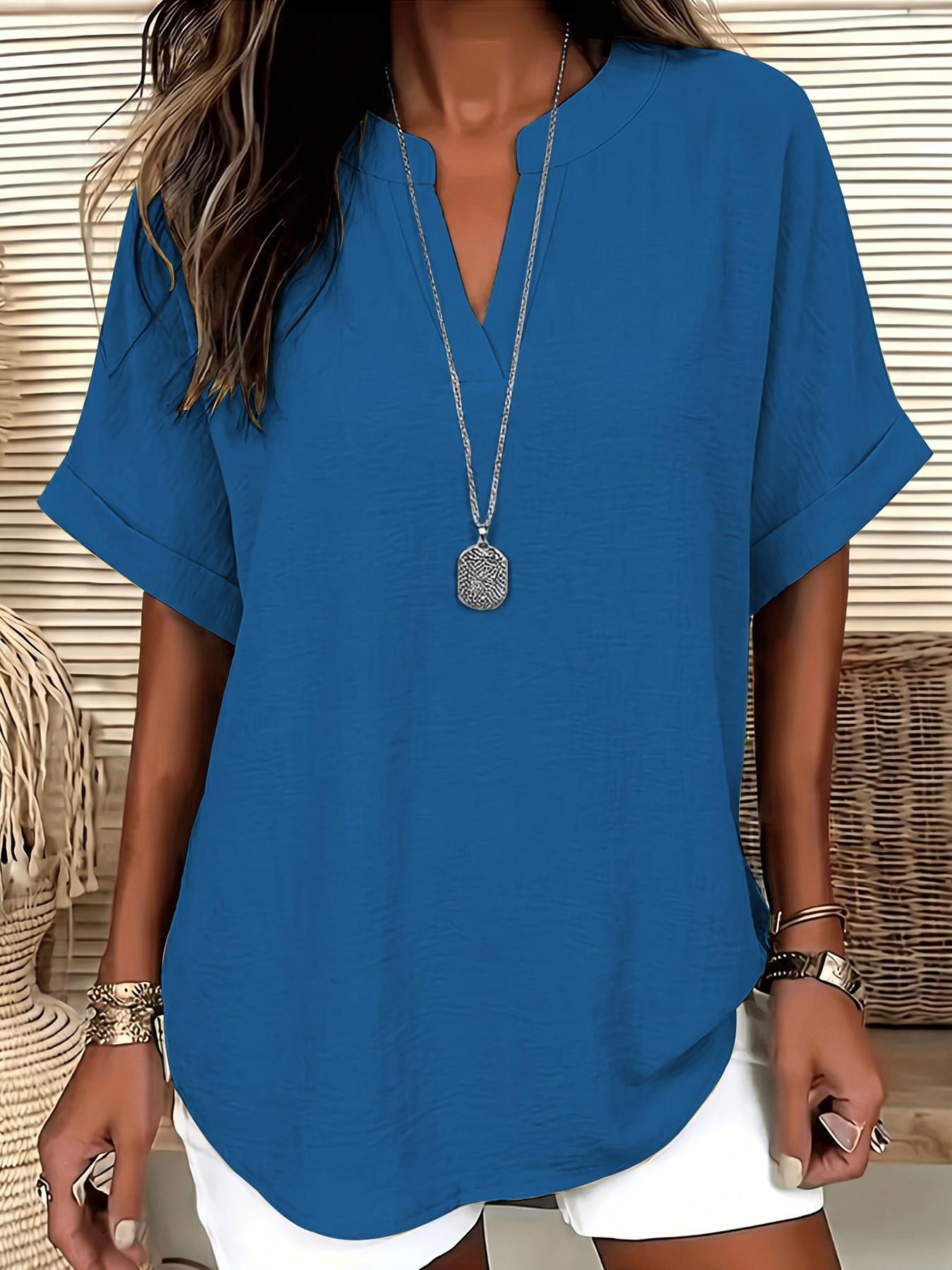 2026 European Style V Neck Short Sleeve Shirt, Casual Fitted T-Shirt, Summer Loose Fit, Hides Belly, Tall Look, Versatile Top