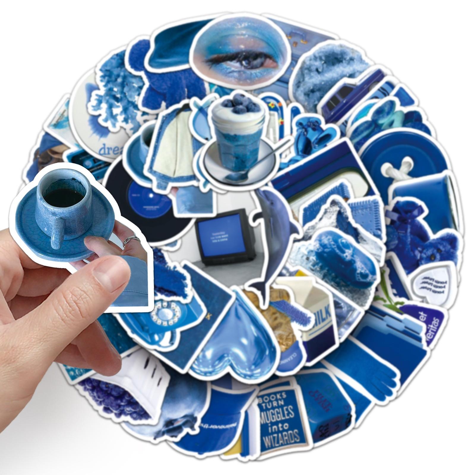 50pcs Blue Aesthetic Stickers, Y2K Blue Theme Waterproof Vinyl Decals, Cute Blue Stickers for Laptop, Water Bottle, Luggage, DIY Scrapbook, Journal