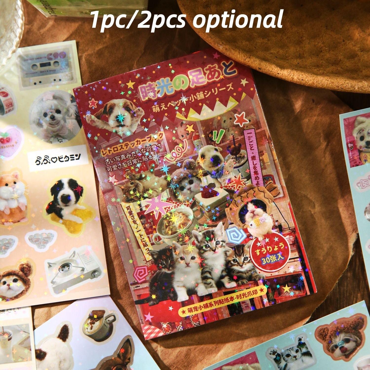 30 Sheets Sticker Book, Copper Paper Material, Cute Pet Series Cat Dog Patterns, Hand Account Decoration, Diary Phone Case Photo Frame Decor