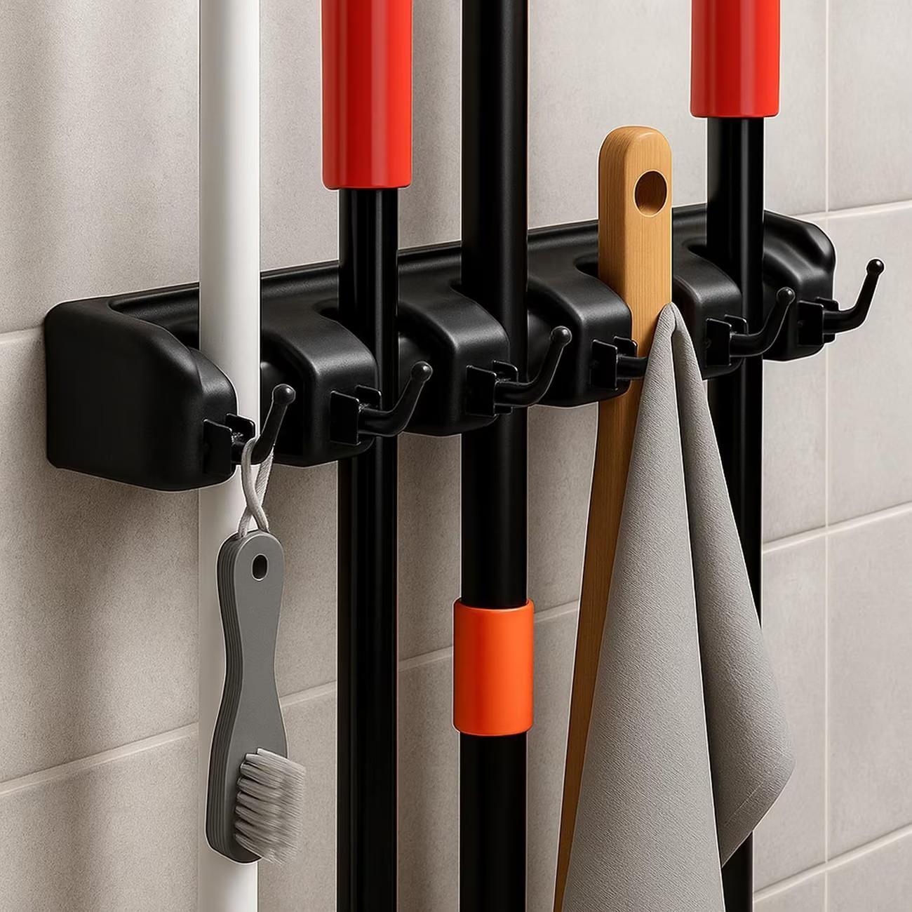 Wall Mounted Storage Rack, Multifunctional Storage Rack with 5 Slots & 6 Hooks, Space Saving Storage Organizer for Bathroom, Kitchen, Laundry Room Bathroom Organizers, Bathroom Organizing Accessories