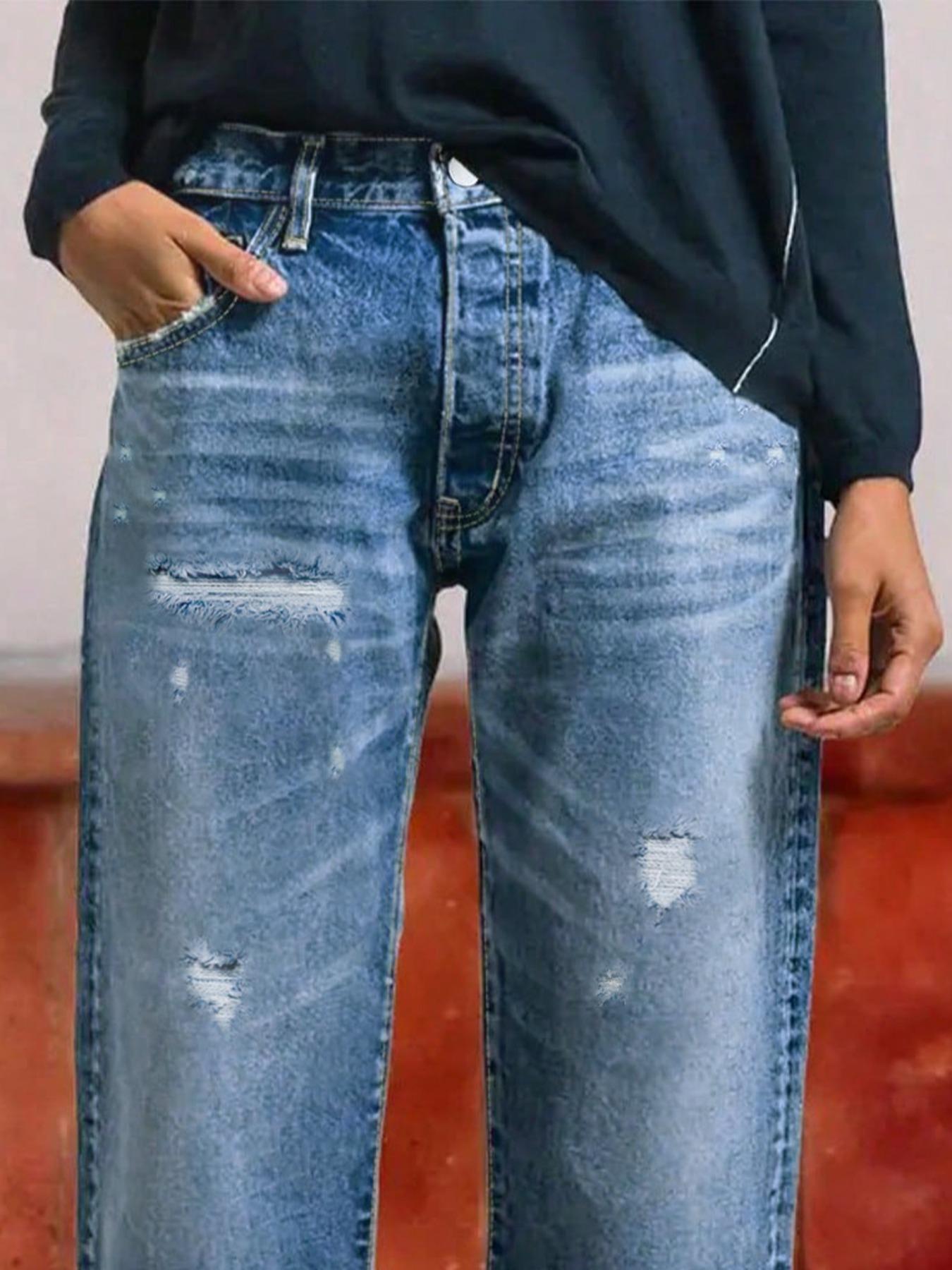Women's Washable Elastic Fabric Frayed Hem Ripped Loose Straight Denim Capri Pants, Casual Summer, All-Season Wear