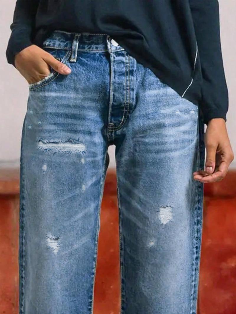 Women's Washable Elastic Fabric Frayed Hem Ripped Loose Straight Denim Capri Pants, Casual Summer, All-Season Wear