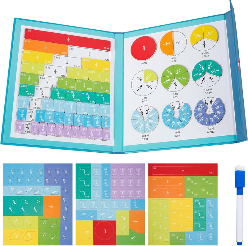 Magnetic Fraction Educational Puzzle, Magnetic Fraction Tiles & Fraction Circles Set, Portable Magnetic Fraction Demonstration Book with Foldable Bottom Board, Magnetic Fraction Manipulatives Learning Toys for Kids