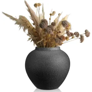 Black Decorative Flower Vase 8.27" x 8.66" Textured Round Rustic Pottery Vintage Large Vase for Home Centerpieces Living Room Christmas Decoration