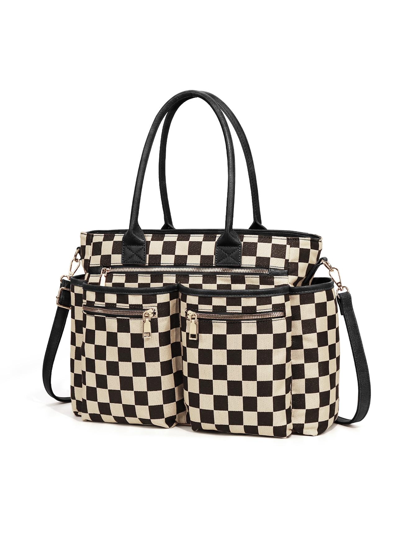 Women's Checkerboard Pattern Zipper Crossbody Tote Bag, Large Capacity Multi-Pocket Design Portable Shoulder Bag For Daily Used, Girl Fashionable Shopping Bag