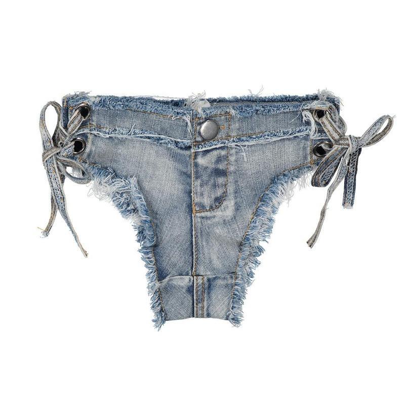 Women's 2-Piece Denim Bikini Swimsuit Set - Distressed Fringed Top, Denim Hot Pants, Beach Wear for Beach Outings, Bar Performances