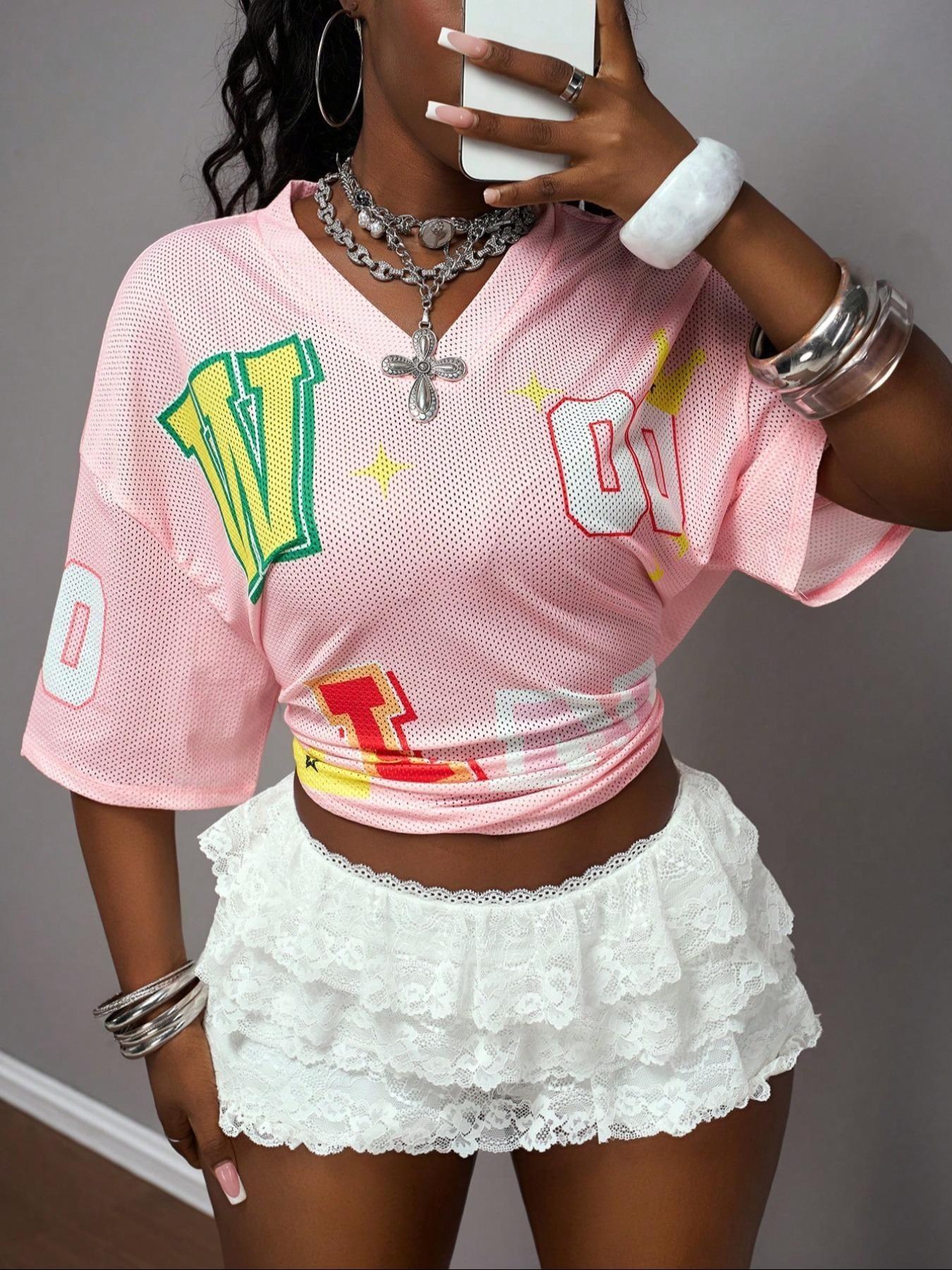 Y2K Street Style Graphic Tee, Colorful Letter Embroidery, V-Neck Loose Fit, Breathable Short Sleeve Top, All Seasons Fashion