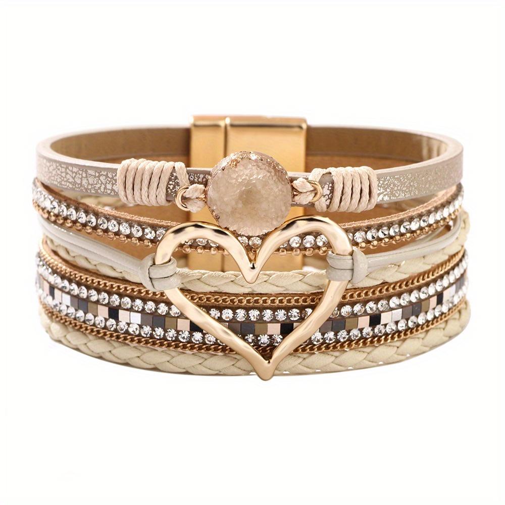 Bohemian Multi-Layer PU Leather Bracelet | Handmade Woven Gold Heart Bangle