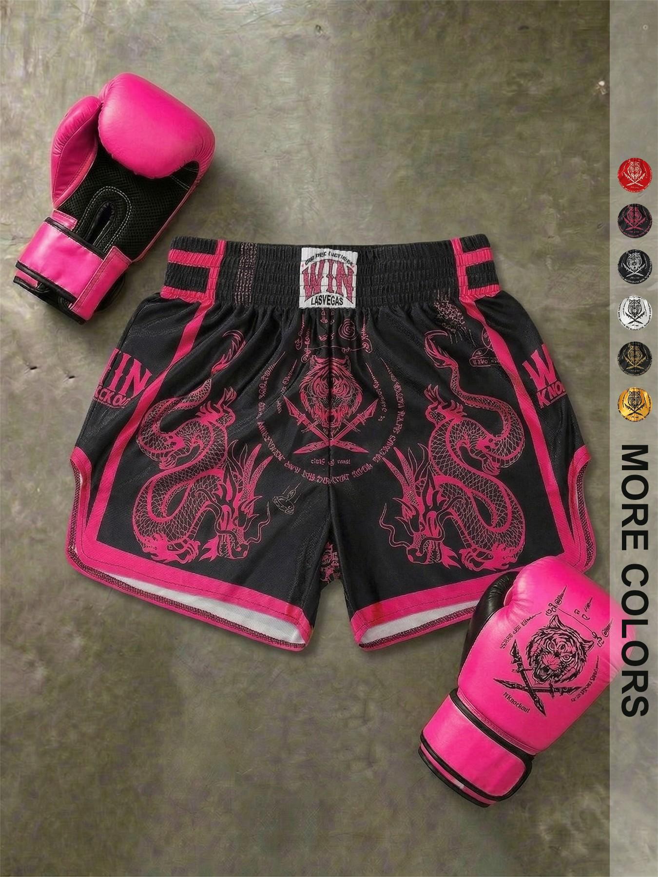 Men's Short Pants Set, Elastic Waist, High Stretch, High-Waisted, Super Short, Glossy Fabric, Dragon Tiger Print, Muay Thai Shorts