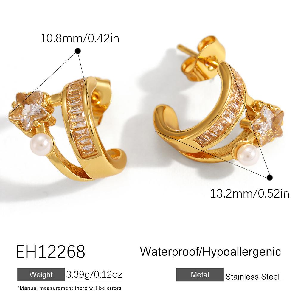 Stylish Titanium Steel C-Shaped Hoop Earrings, 18K Gold Plated, Inlaid Zircon, Trendy & Versatile Design, Tarnish & Water Resistant, Perfect Birthday & Holiday Gift for Her