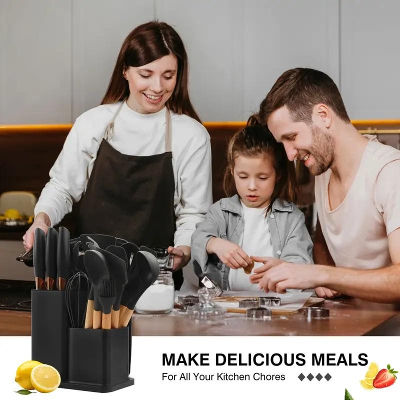 Hot Selling Silicone Kitchen Utensil Set 19-Piece Cooking Spoon Spatula Knife Storage Bucket Wooden Utensil Set Kitchen Tools Ladle Sturdy Durable Kitchenware Cookware