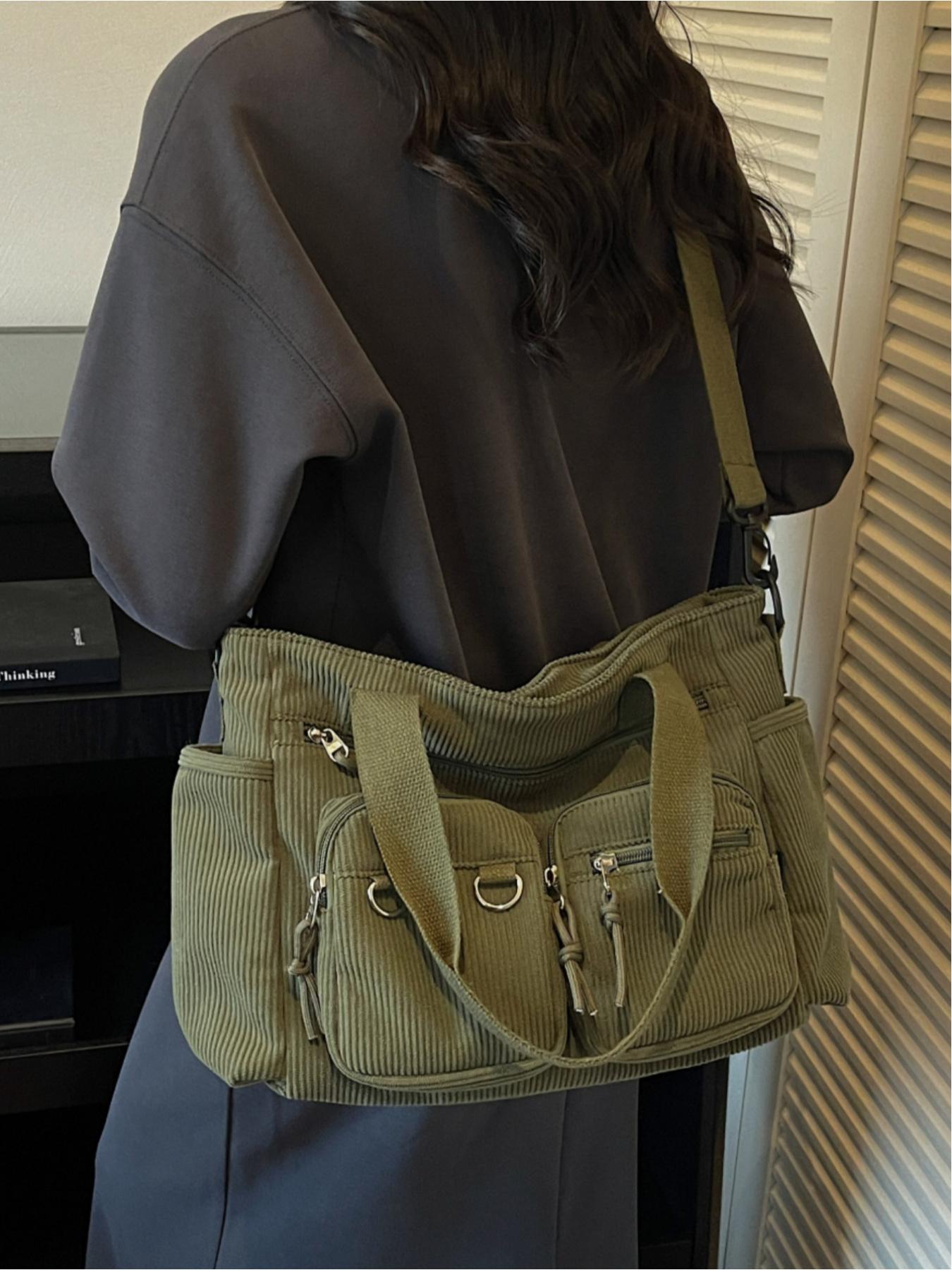 Corduroy multi-pocket large-capacity tote bag, Commuter Tote Bag, casual and versatile, suitable for shopping, school, work, commuting, and everyday accessories