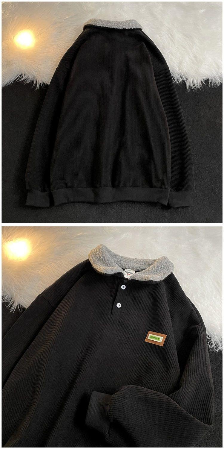 2025 NEW Corduroy Polo collar sweater couple autumn and winter style plus velvet thickened simple fashion lamb wool coat Comfort Long Sleeve 2025 NEW Corduroy Polo collar sweater couple autumn and winter style plus velvet thickened simple fashion lamb wool coat Comfort Long Sleeve