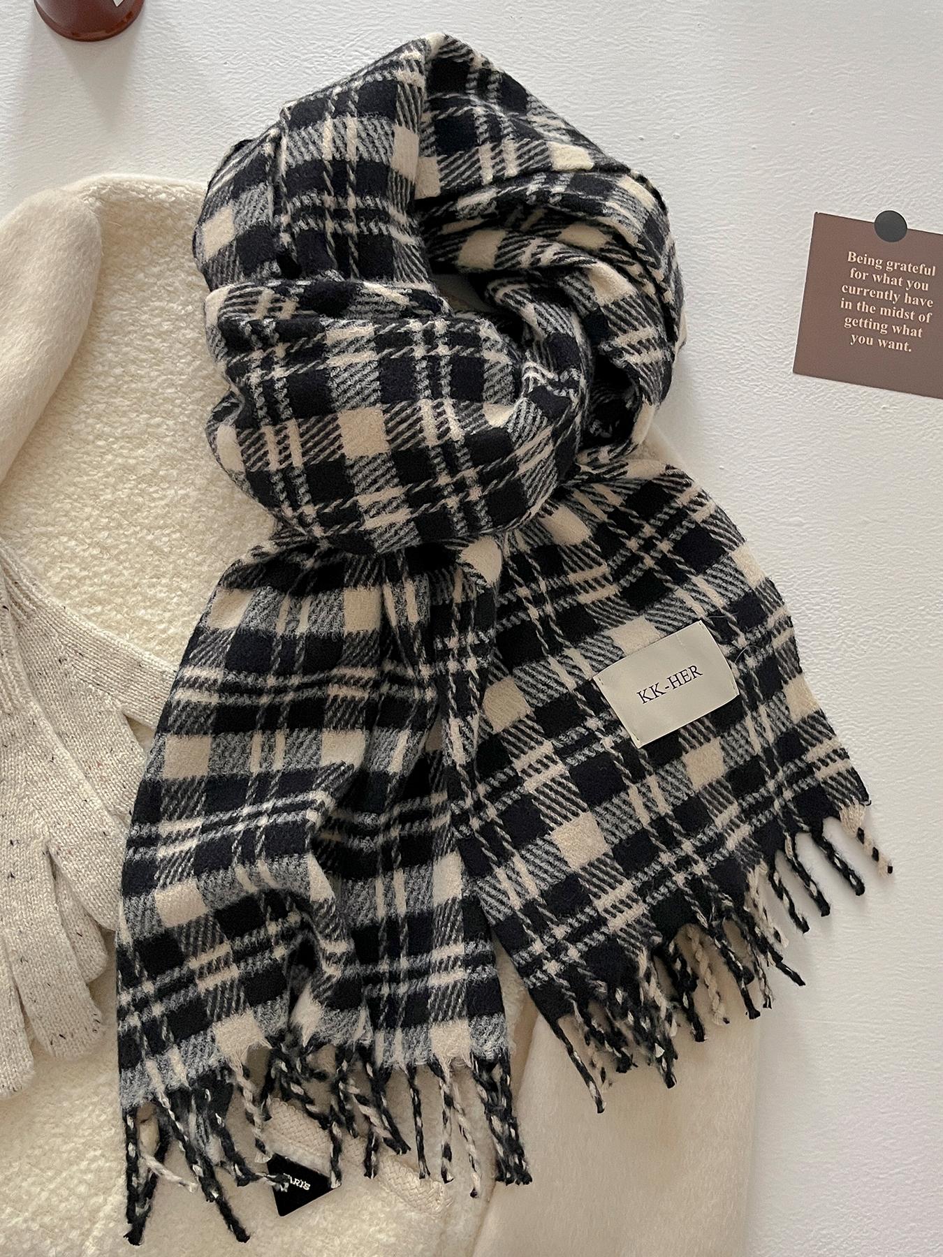 Women's Autumn Winter Casual Fashion Imitation Wool Checkered Scarf, Plaid Woven, Thickened Knit Wrap for Christmas Warmth