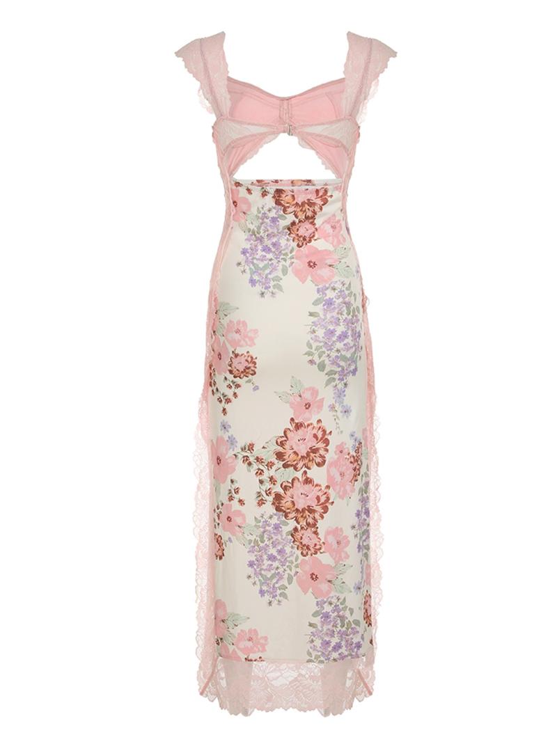 Women's Floral Patchwork Print Lace Trim Dress, Summer Clothes Women, Boho Aesthetic Fashion Long Dress for Beach Holiday Vacation, Ladies Dress for Summer