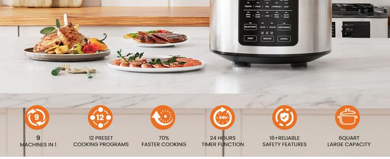 9 in 1 Electric Pressure Cooker 6 / 8 Quart, Steamer, Multi-Functional Smart Pot, Stainless Steel