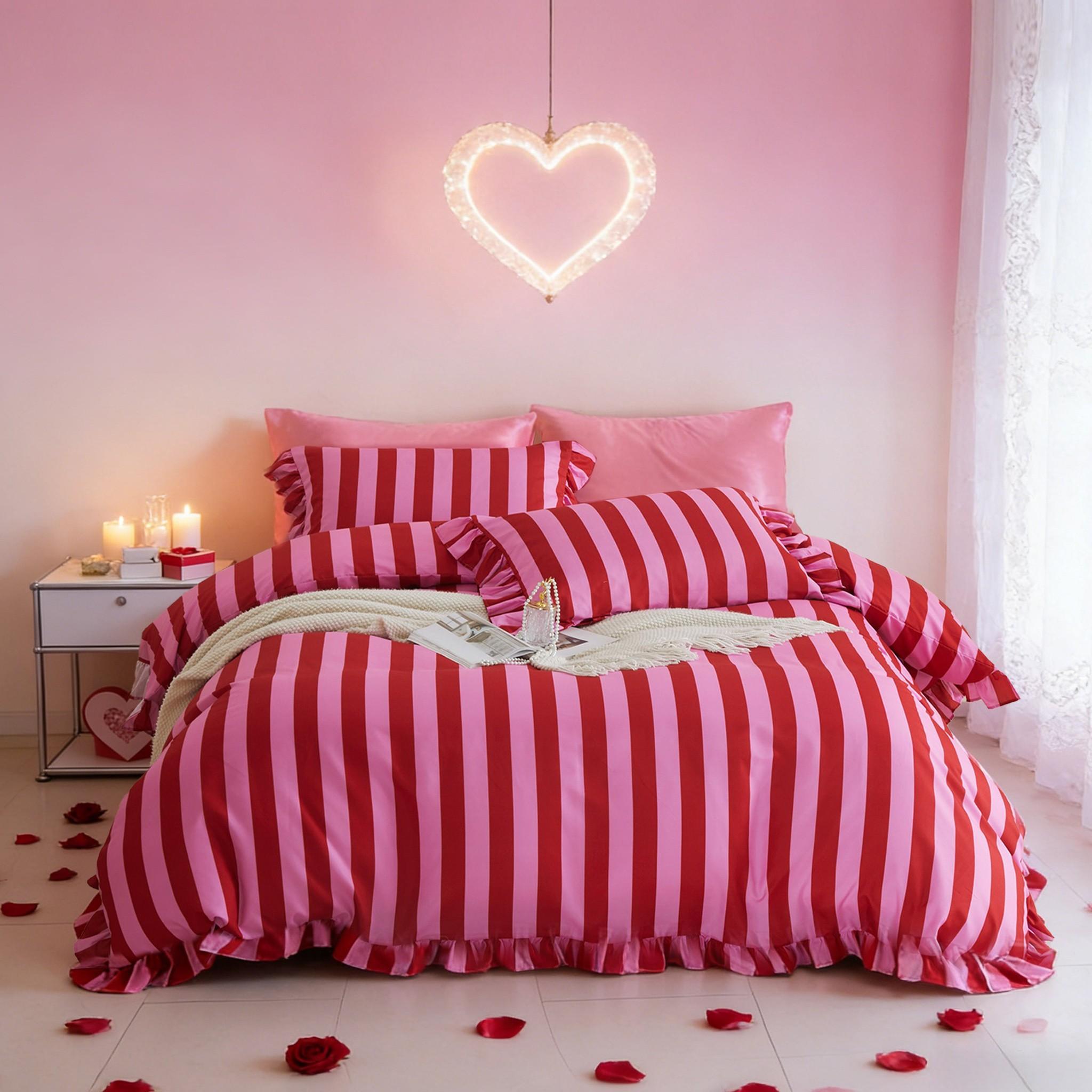 Striped Print Ruffled Soft Bedding Set, Includes 1 Duvet Cover + 2 Pillowcases, Inserts Not Included Stylish Cozy Bedding for Couple Bedroom, Ideal Valentine's Day Gift